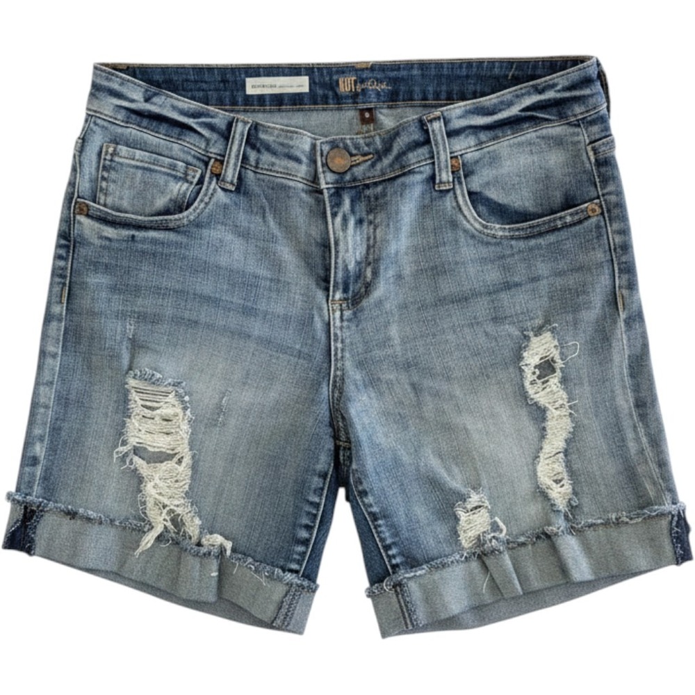 Kut from the Kloth Catherine Boyfriend Shorts Distressed Denim Medium Wash 8